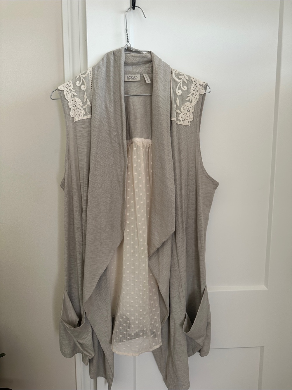LOGO by Lori Goldstein Gray Open-Front Draped Vest with Cream Lace